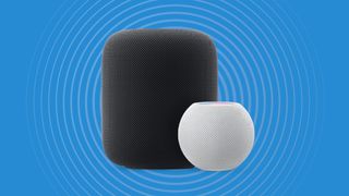 Apple Homepod and Apple Homepod mini on blue background